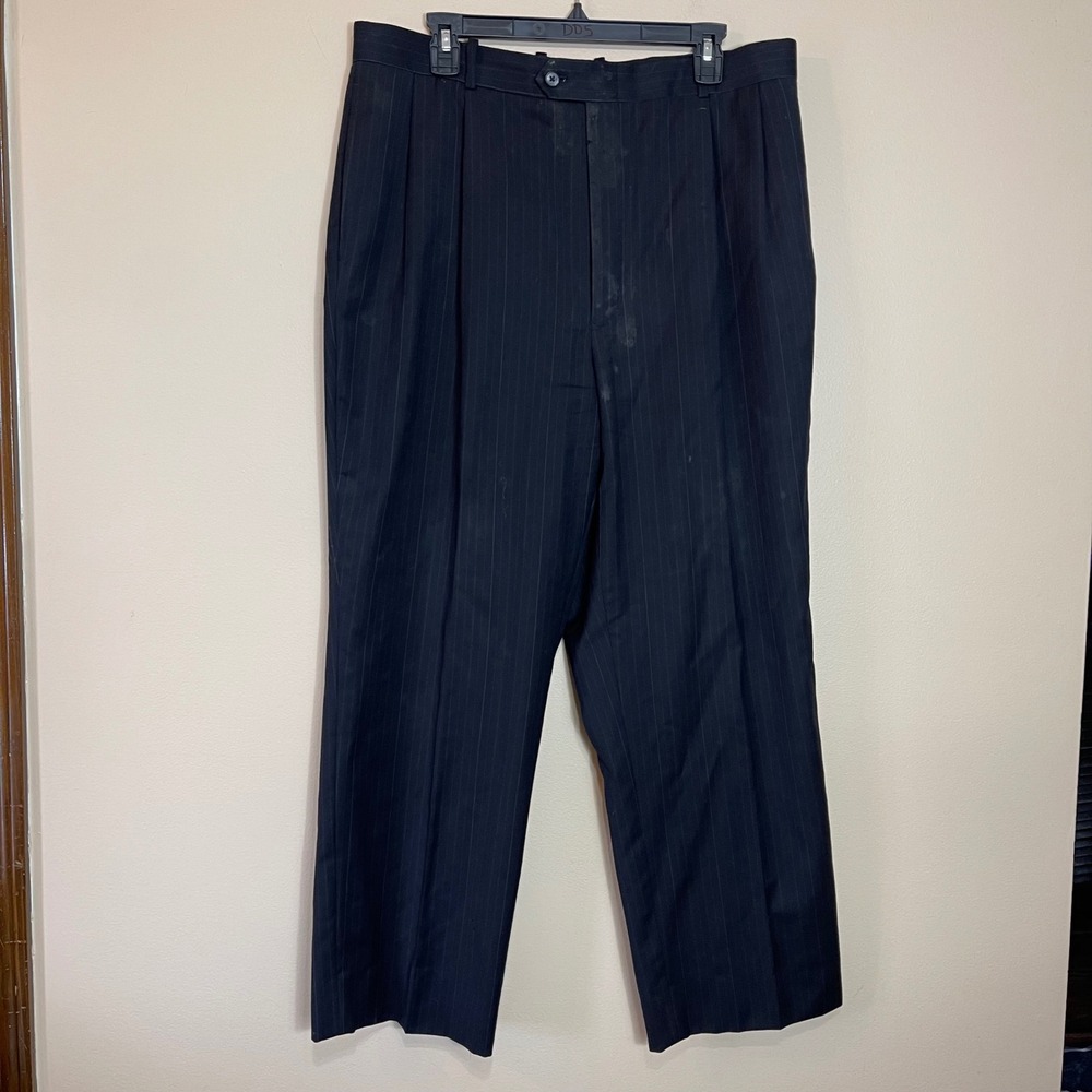 Dark Navy Pinstripe‎ Wool Dress Pants Men Pleated Tailored Fit 36 x 28